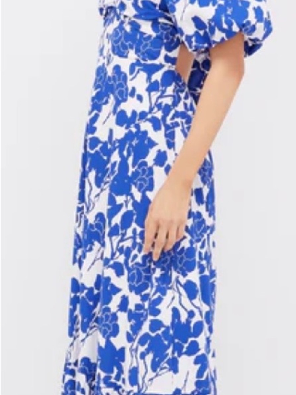 Blue & White Floral Puff-Sleeve Midi Dress